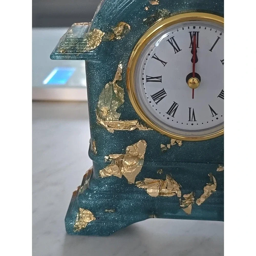 Handmade Resin Desk Clock Decoration Gift  Blue With‎ Gold Leaf 728